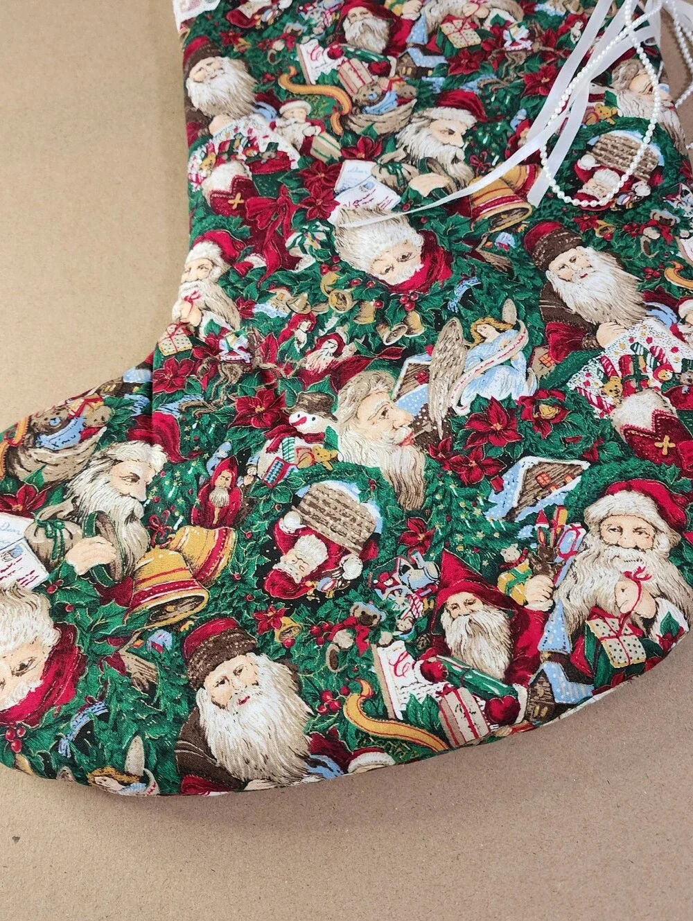Handmade Christmas Stocking Old World Santa's Lace Ribbon 